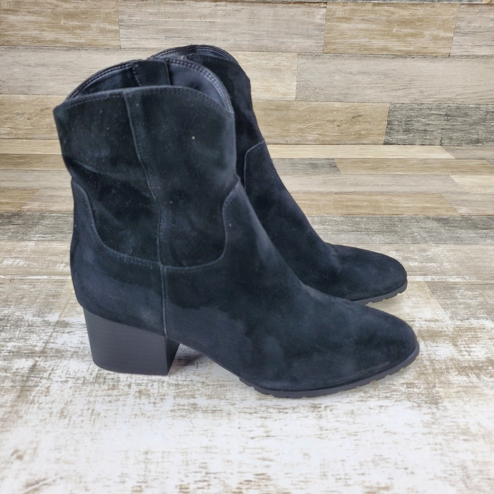 Vionic Bishop Womens Western Boots Sz 10 Black Waxy Suede Side Zip Block Heel